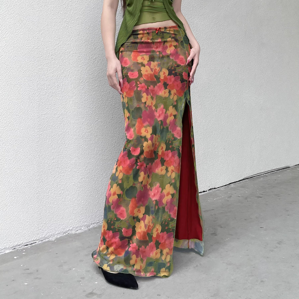 Women's Maxi Skirt with Floral Chiffon Design and Side Slit