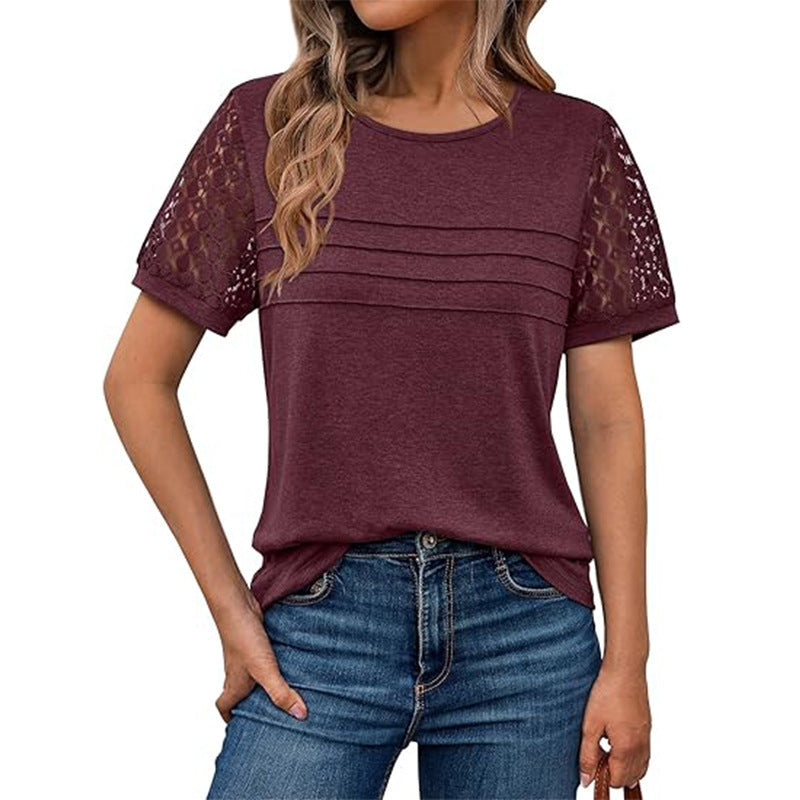 Women's Airy T-Shirt with Attractive Crochet Sleeves