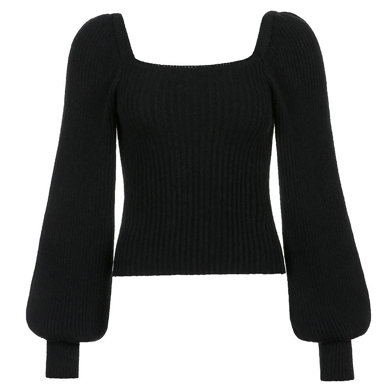 Women's Cropped Sweater with Voluminous Sleeves and Ribbed Texture