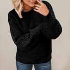 Women's Chunky Knit Sweater with Voluminous Sleeves and Textured Surface
