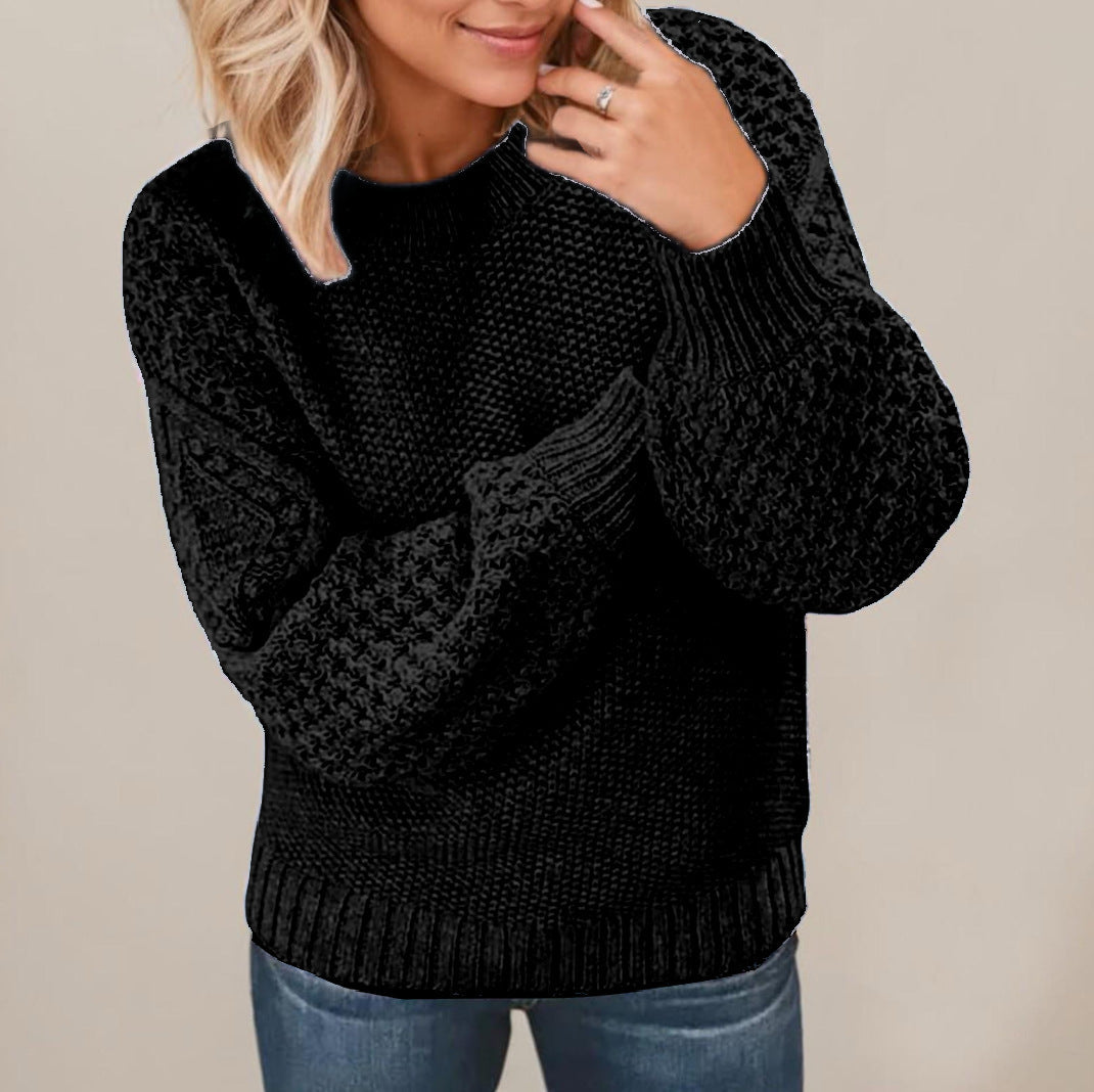 Women's Chunky Knit Sweater with Voluminous Sleeves and Textured Surface