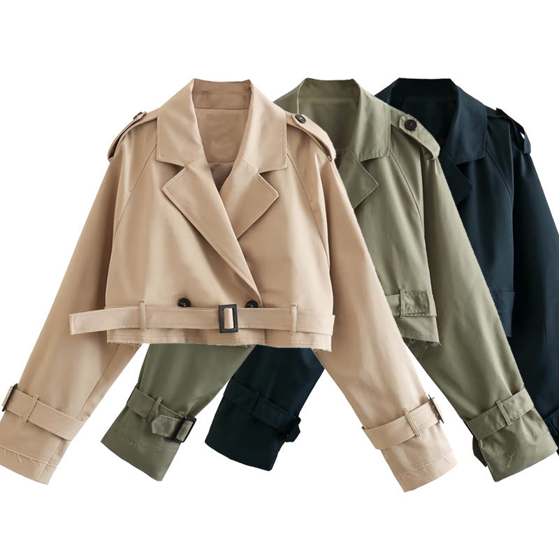 Women's Cropped Trench Jacket with Double Button Details