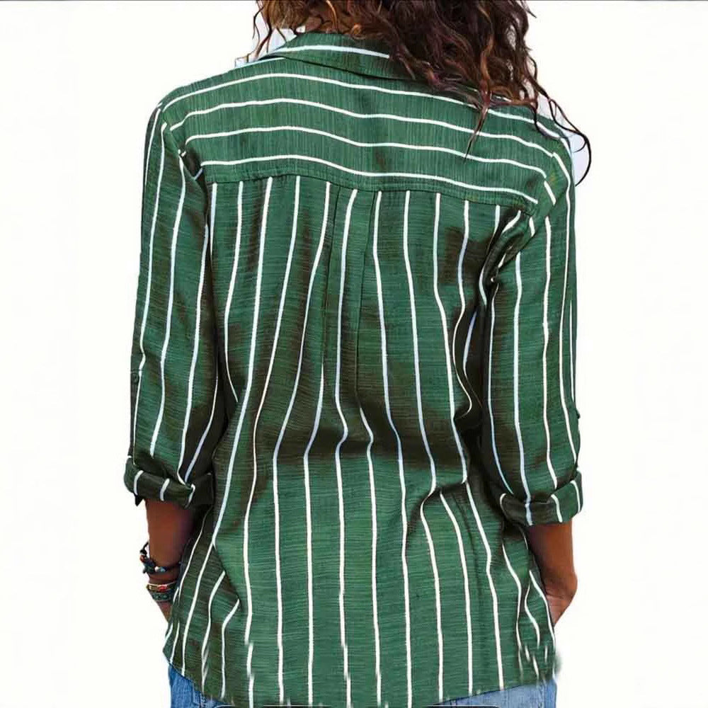 Casual Women's Shirt Blouse with Vertical Stripes and Chest Pocket