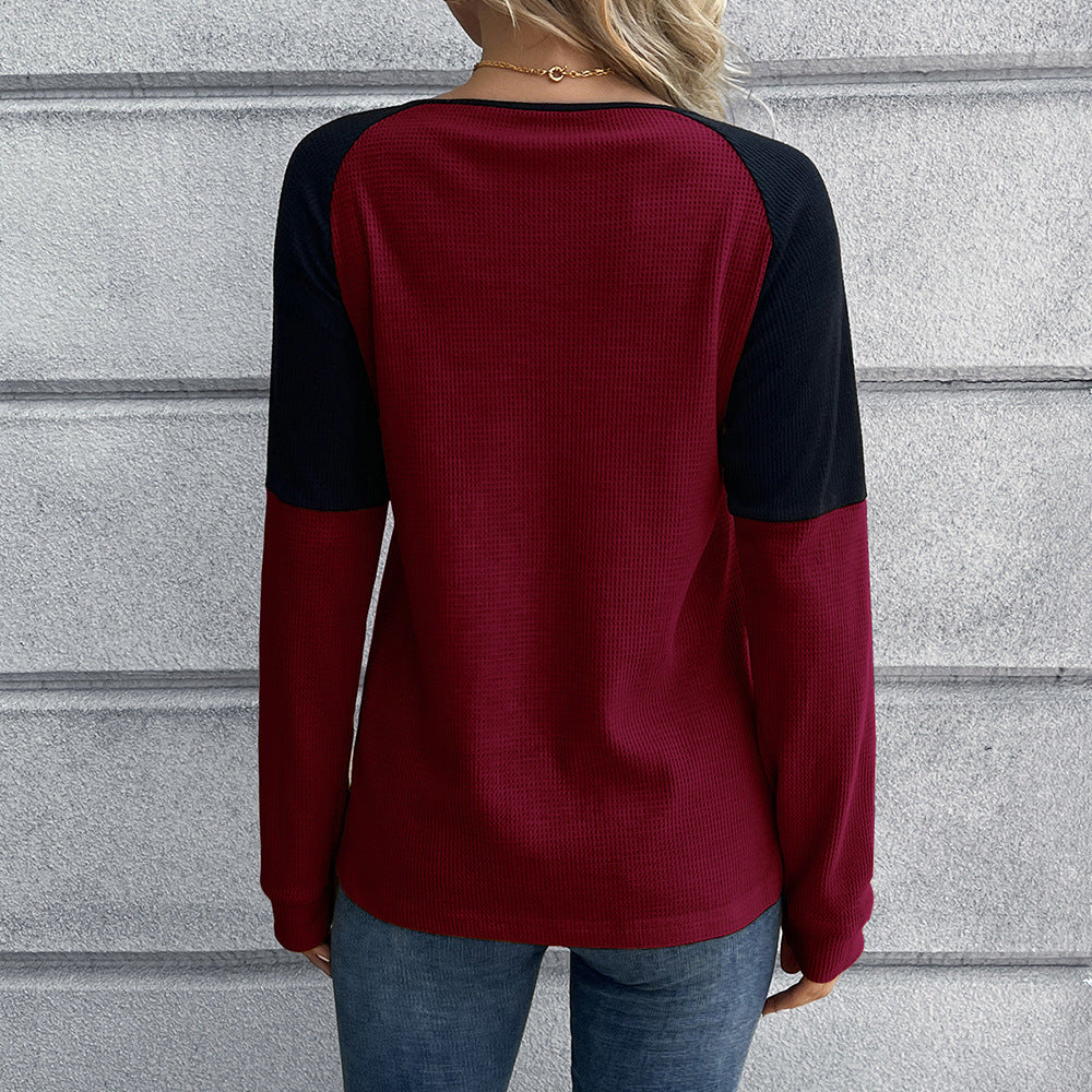 Women's Casual Waffle-Knit Henley Shirt with Contrast Sleeves