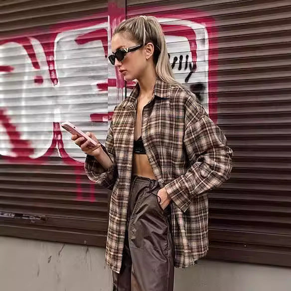Women's Plaid Overshirt in Casual Cut with Oversized Sleeves