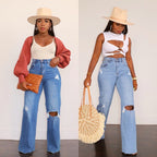 Women's High-Waisted Bootcut Jeans with Distressed Effect