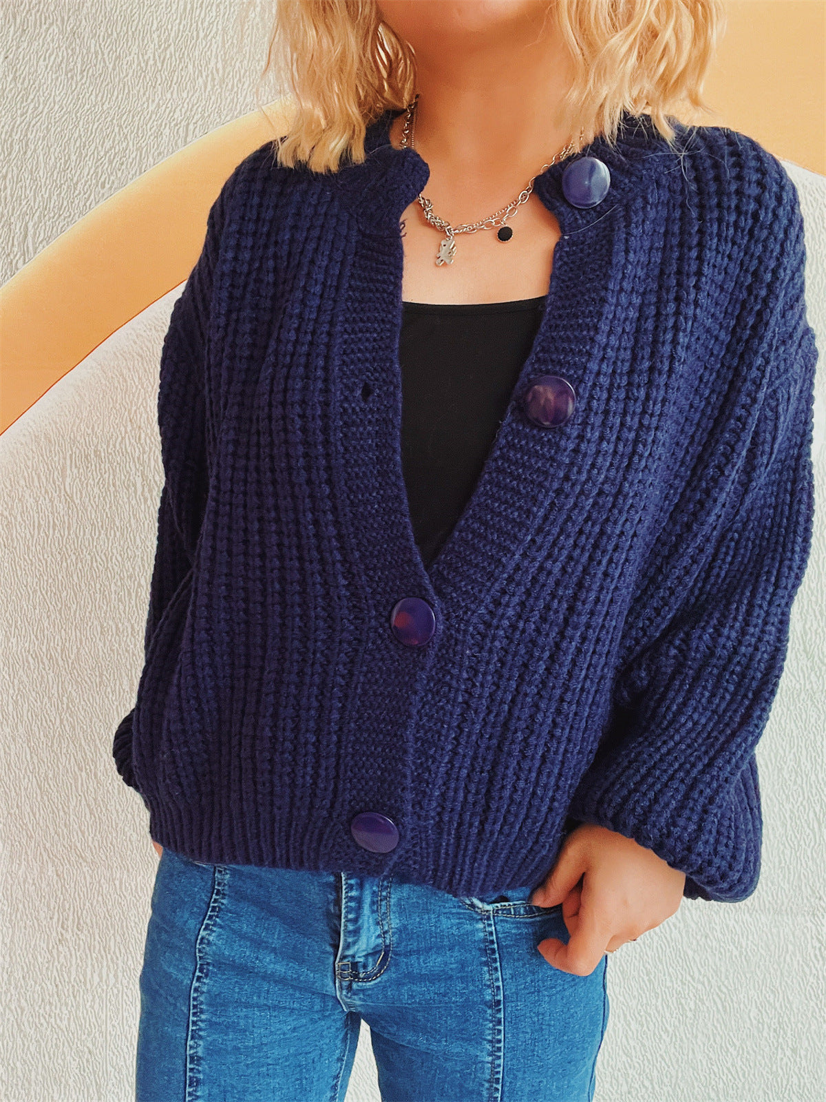 Women's Chunky Knit Cardigan with Balloon Sleeves and Decorative Buttons
