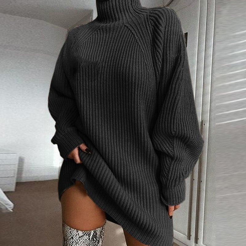 Women's Chunky Knit Sweater with High Collar and Asymmetrical Hem