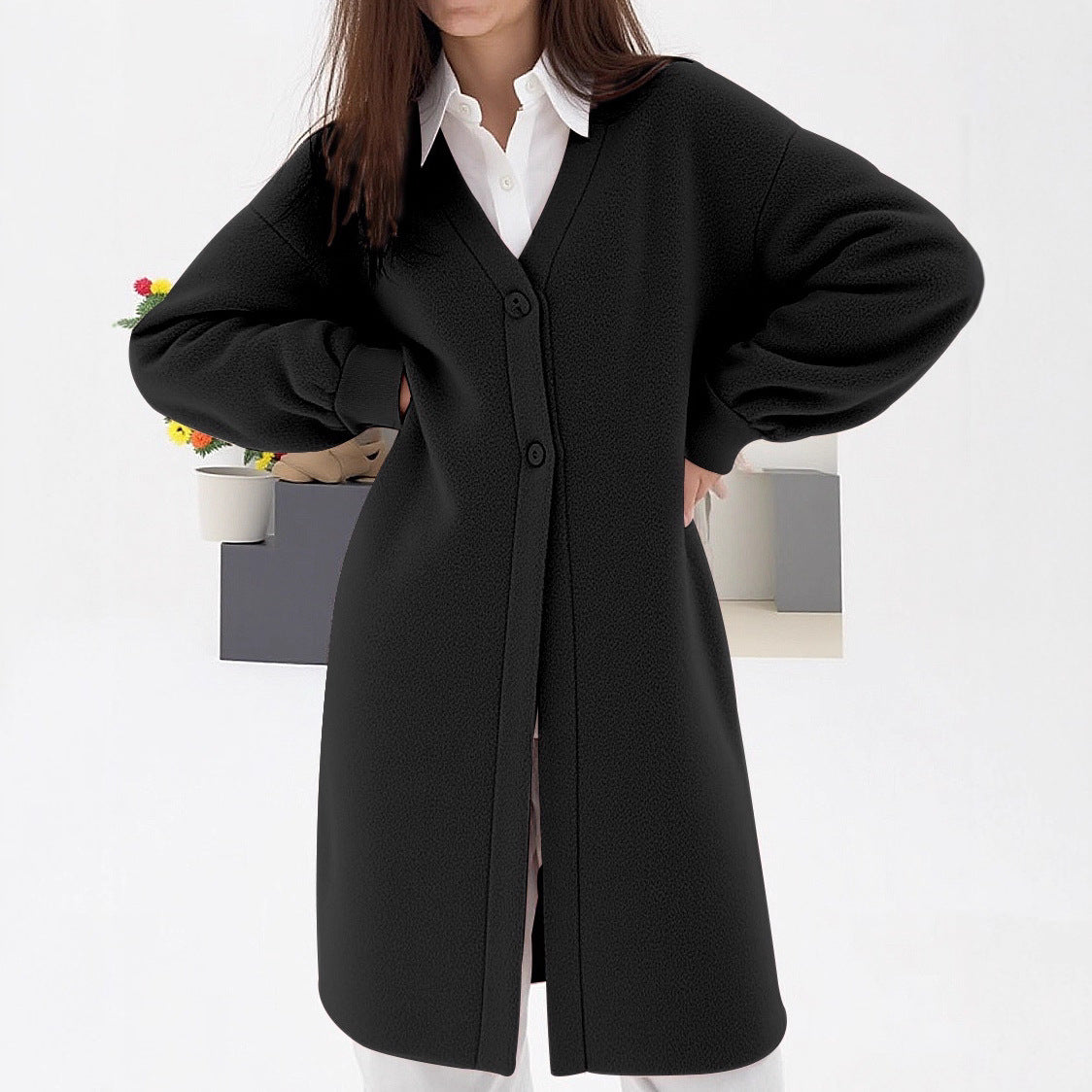 Women's Cozy Knit Cardigan with V-Neck and Button Closure