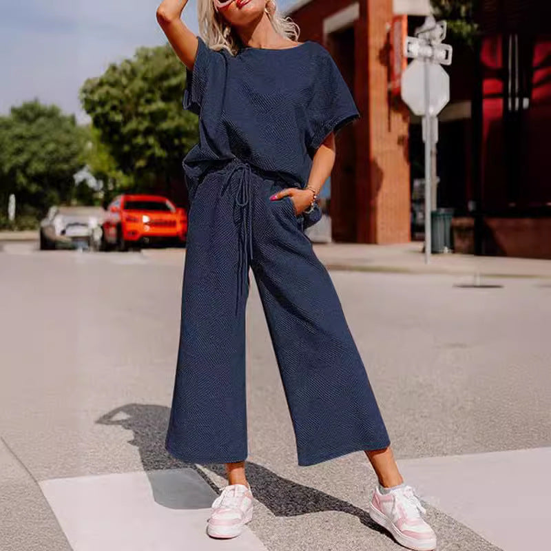 Women's Casual Jumpsuit Set in Soft Material with Elastic Waistband and Wide-Legged Pants