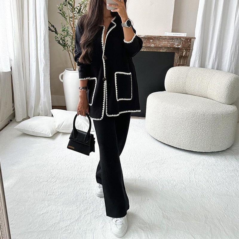Women's Fashionable Cardigan Suit with Contrast Stitching