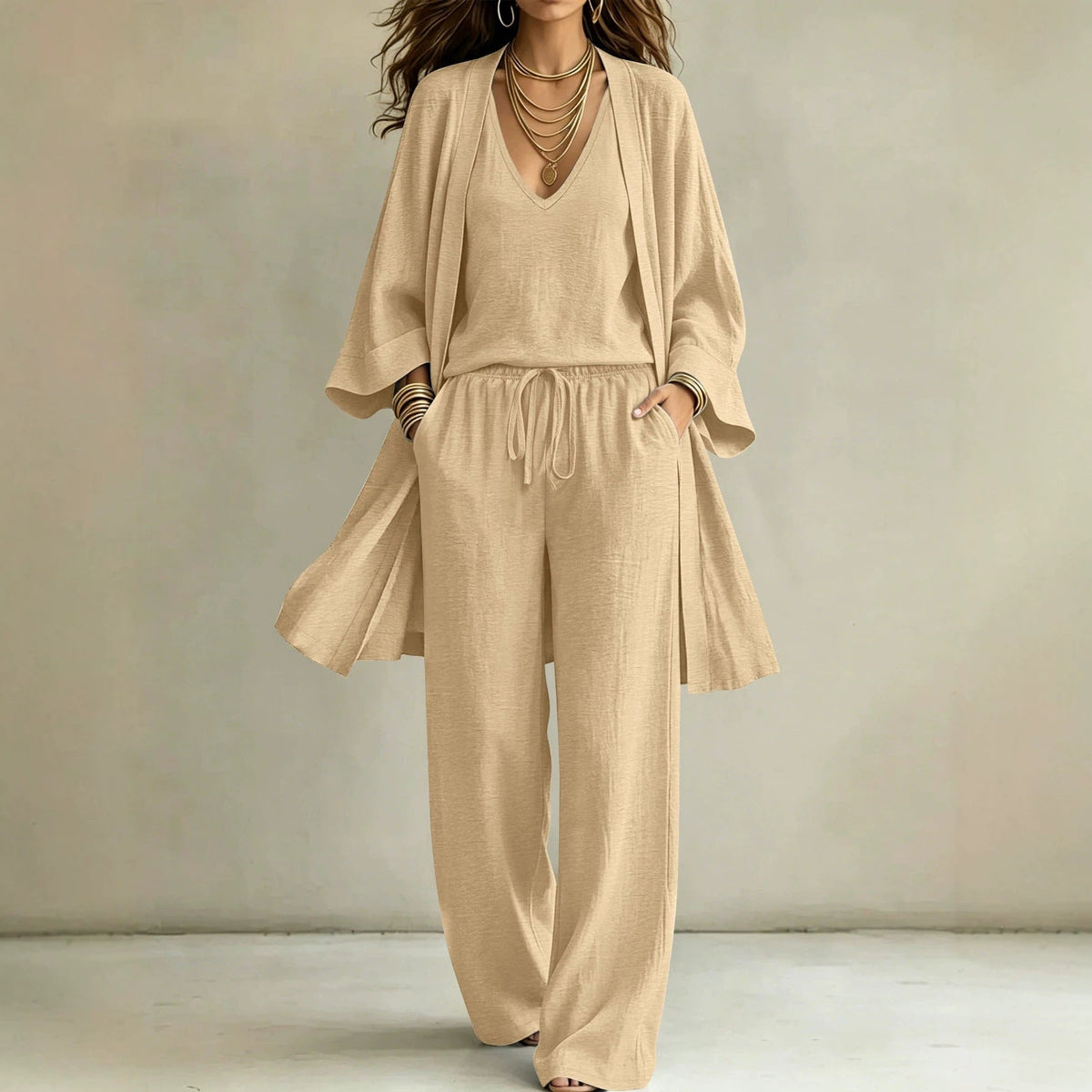 Women Casual Lounge Set with Kimono Cardigan, V-Neck Shirt and Wide Cord Pants