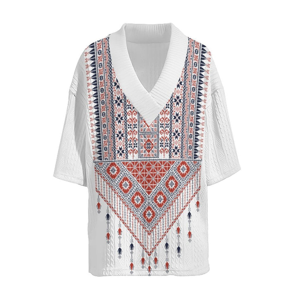 Women's Short-Sleeve Ethnic-Style V-Neck Shirt with Decorative Pattern