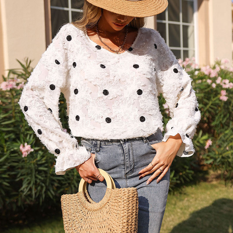 Women's Textured Linen-Look Blouse with Dots