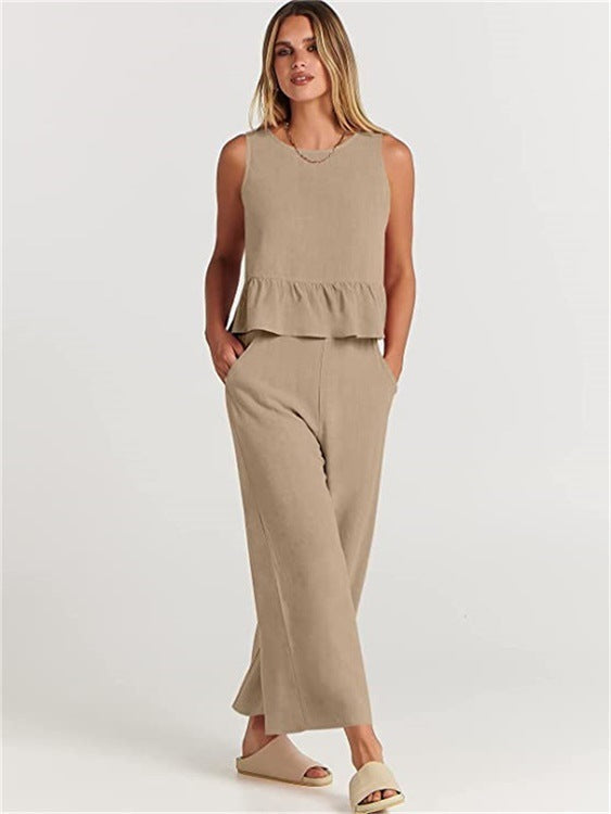 Women's Airy Two-Piece Set with Chic Peplum Top and Wide-Leg Pants