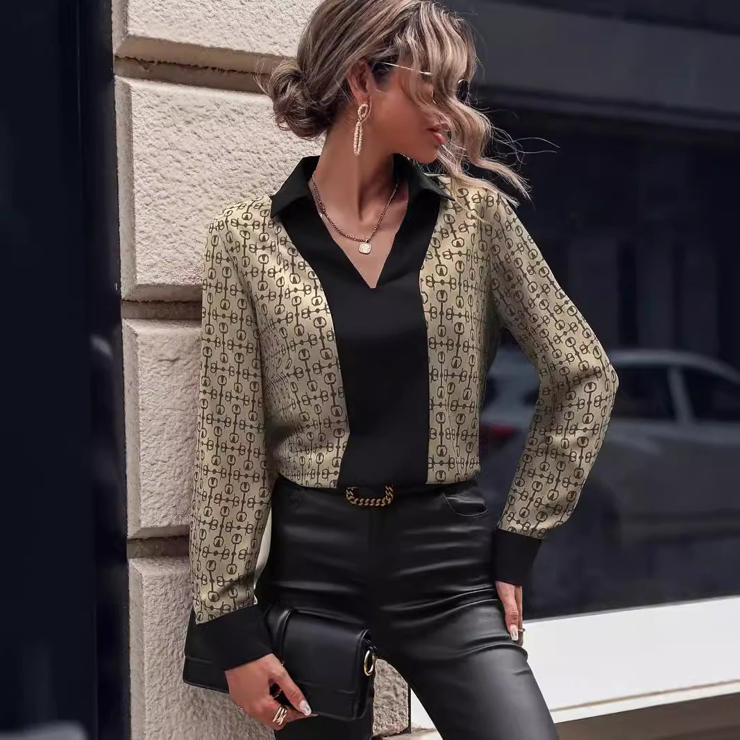 Women's Patterned Blouse with V-Neck