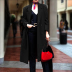 Women's Elegant Long Coat with Double-Breasted Button Placket and Generous Cut