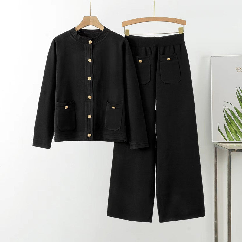 Women's Cozy Knit Loungewear Set with Button Detail and Patch Pockets