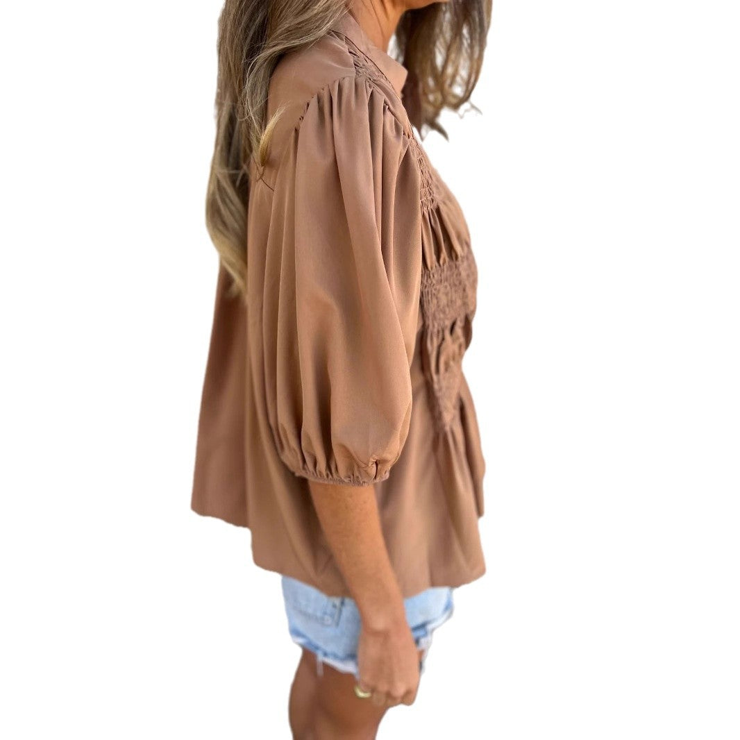 Women's Blouse with Gathered Detail and Button Closure