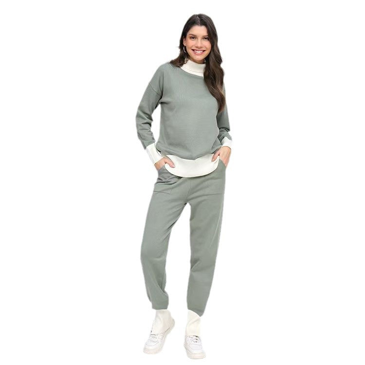Women's Comfortable Knit Loungewear Set with High Collar and Elastic Cuffs