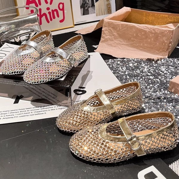 Women's Ballet Flats with Rhinestone Trim and Adjustable Strap
