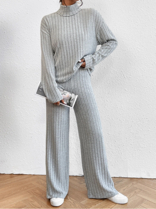 Women's Chunky Knit Two-Piece Set with High Collar and Wide Cut