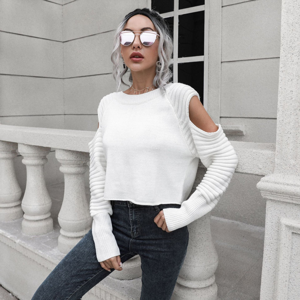Women's Off-Shoulder Cropped Ribbed Sweater
