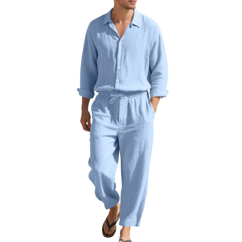 Men's relaxed linen set with open shirt collar and loose drawstring pants