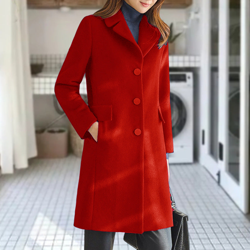 Women's Elegant Wool Coat with Classic Collar and Pockets