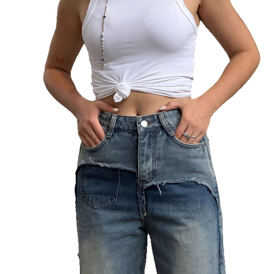 Women's High-Waist Patchwork Denim Jeans