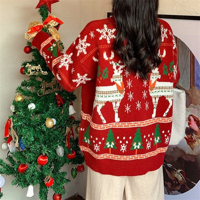 Women's Festive Sweater with 3D Reindeer Motif and High Collar