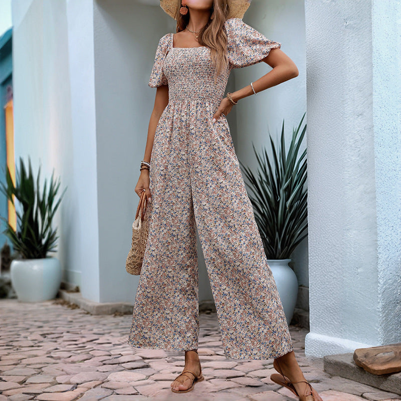 Women's Colorful Floral Summer Jumpsuit with Puff Sleeves
