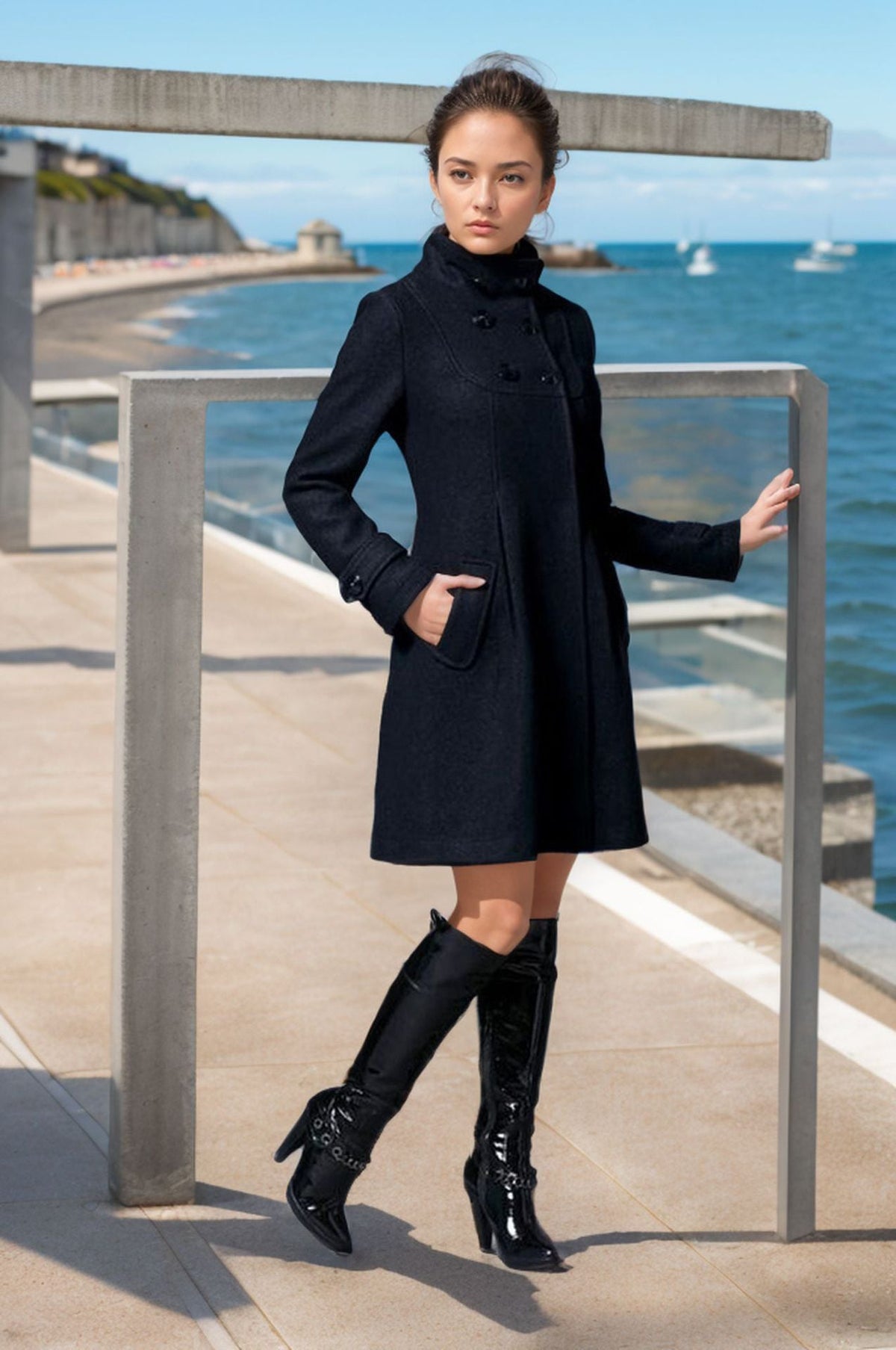 Women's Elegant Coat with High Collar and Functional Pockets