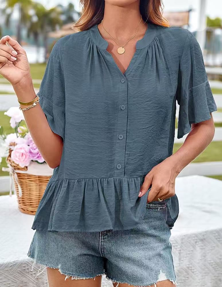 Women's Ruffled Peplum Blouse with Half Sleeves