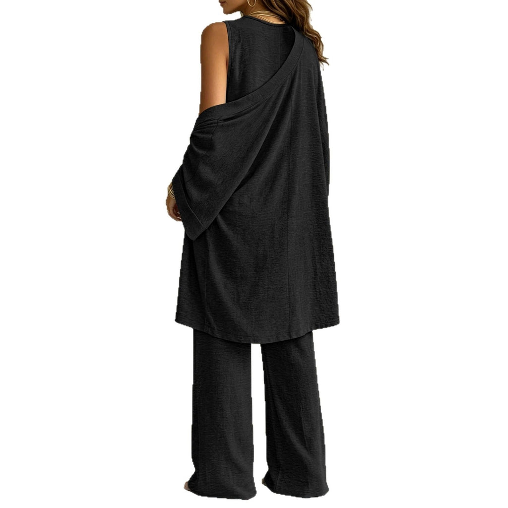Women Casual Lounge Set with Kimono Cardigan, V-Neck Shirt and Wide Cord Pants
