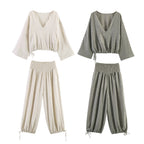 Casual Blouse with Wide V-Neck and Elastic Hem