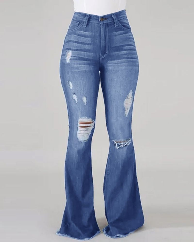 Women's Bootcut Jeans with Frayed Hem and Destroyed Details