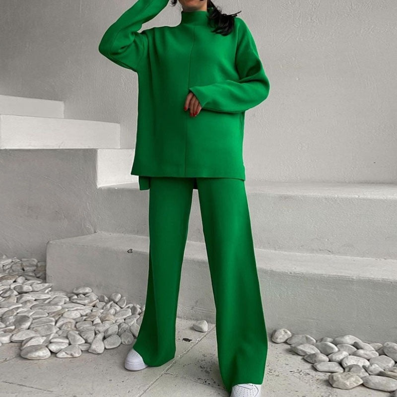 Women's Casual Knit Ensemble with Wide Cut and High Collar