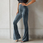 Women's Elegant Velvet Flare Trousers with Fine Stripe Pattern