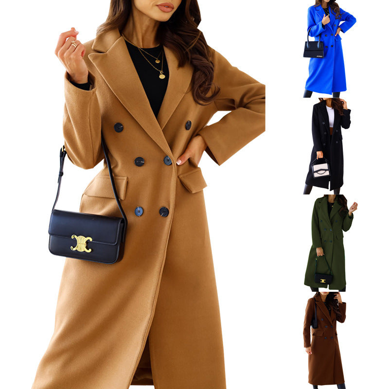 Women's Elegant Double-Breasted Wool Coat with Pockets