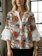 Casual Blouse with Ruffle Sleeves and Botanical Print