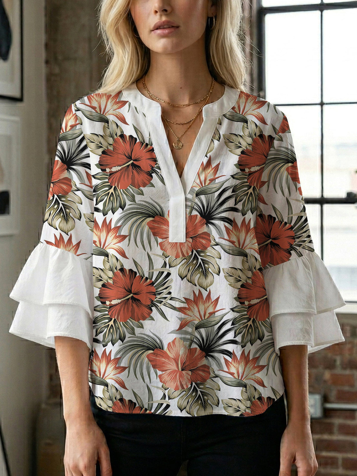 Casual Blouse with Ruffle Sleeves and Botanical Print