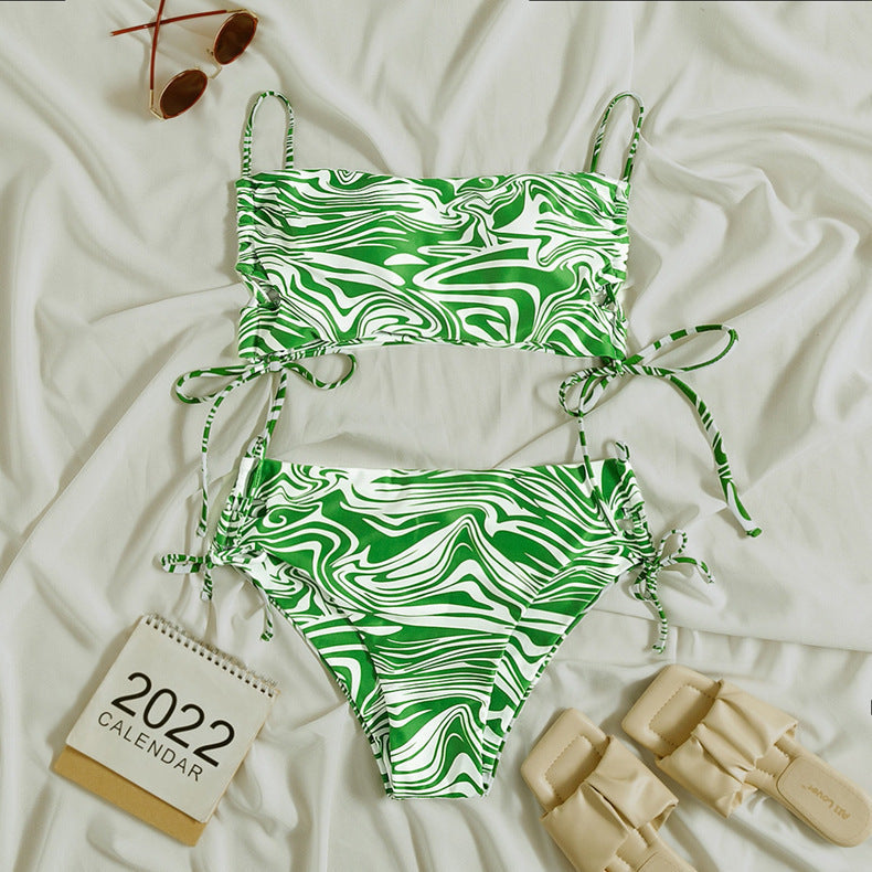 Women's Swimsuit Set with Adjustable Ties and Modern Marble Pattern