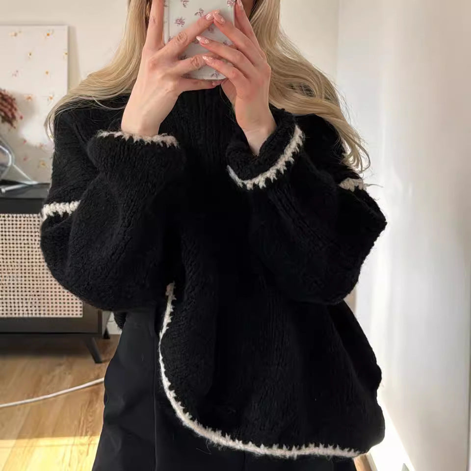 Women's Chunky Knit Sweater with Contrast Trim and Loose Fit