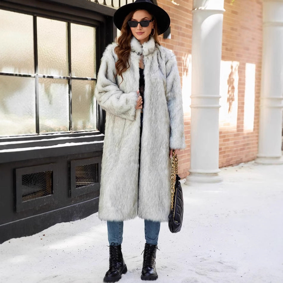 Women's Long Faux Fur Coat with Stand-Up Collar and Pockets