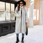 Women's Long Faux Fur Coat with Stand-Up Collar and Pockets