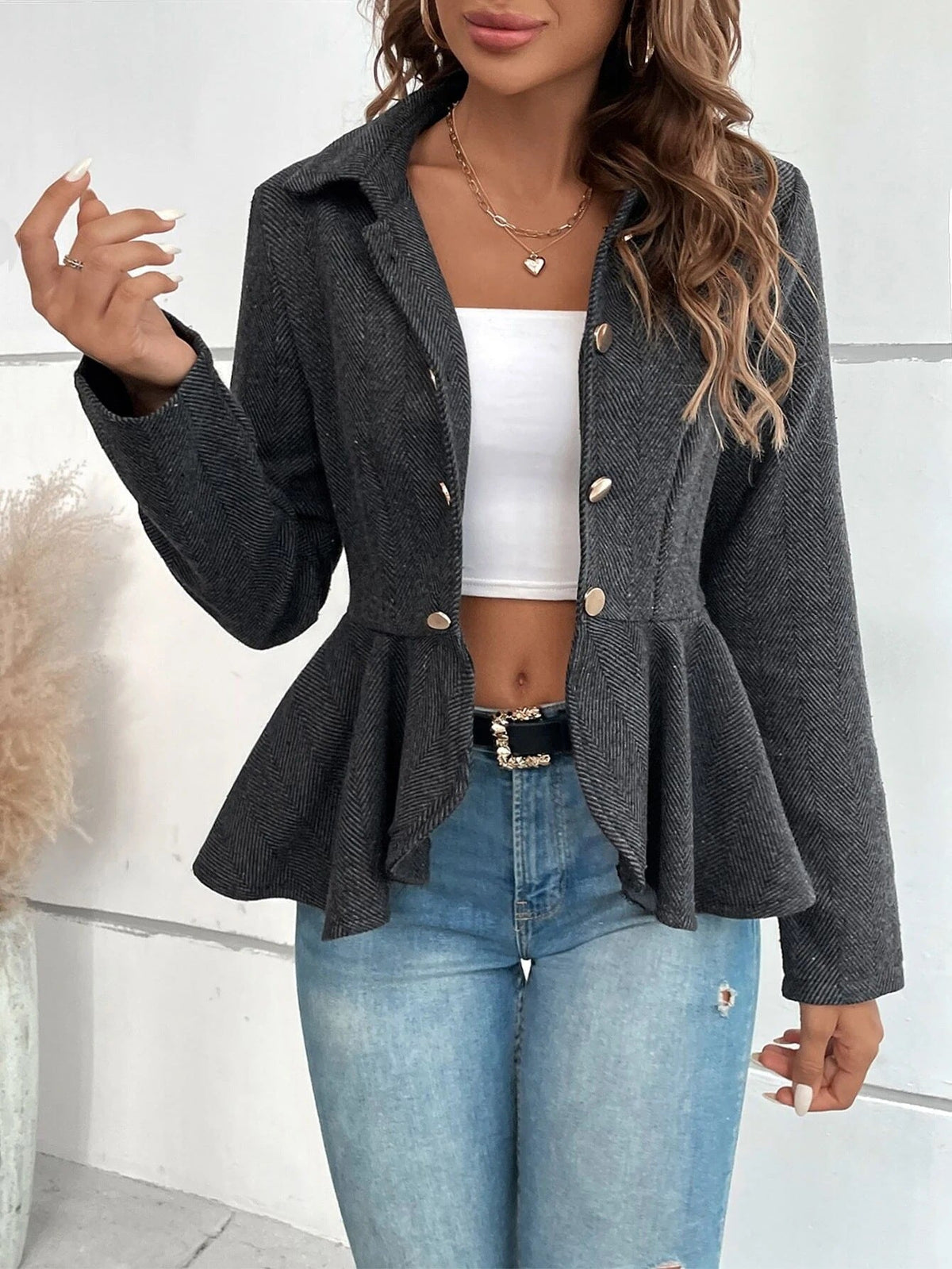 Women's Tailored Blazer with Asymmetric Hem and Button Details