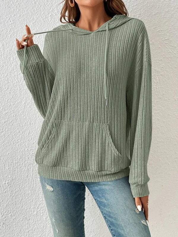 Women's Cozy Ribbed Hoodie with Kangaroo Pocket