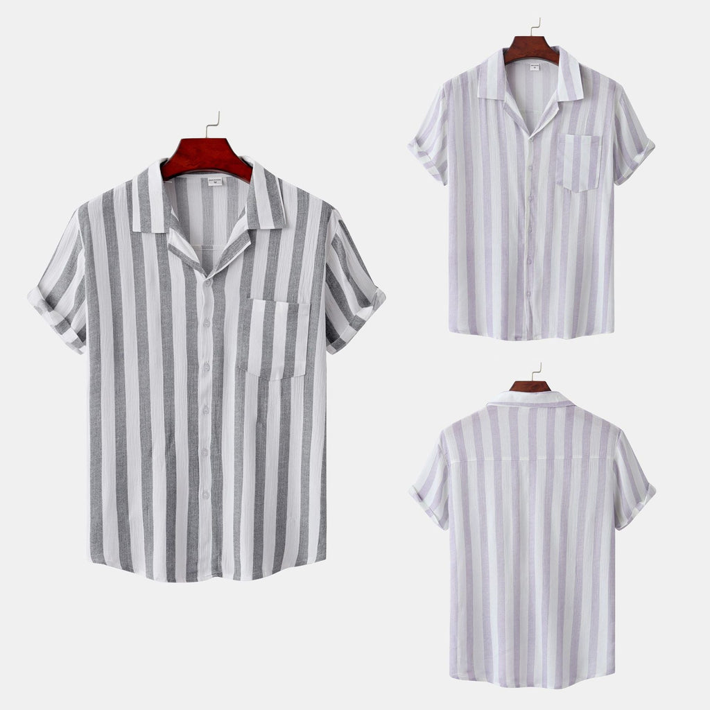 Women's Short Sleeve Shirt with Elegant Stripe Pattern and Practical Chest Pocket
