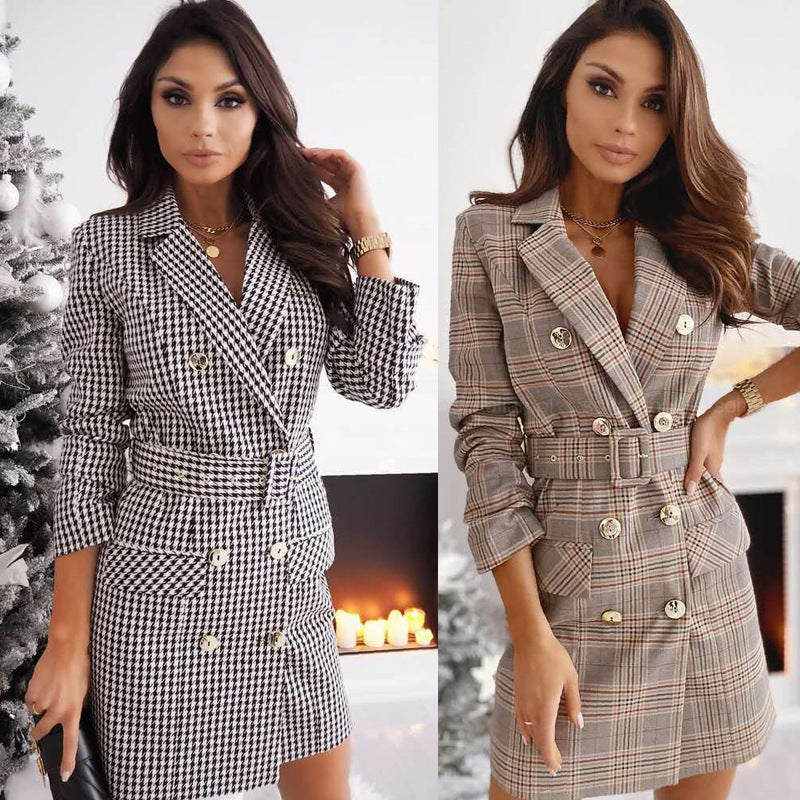 Women's Elegant Blazer Dress with Double-Breasted Buttons and Belt